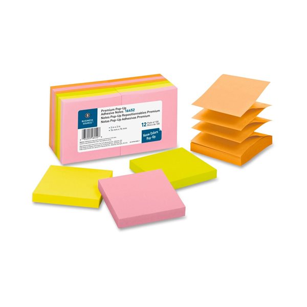 Business Source Neon 3 x 3" Self-Adhesive Pop-Up Notes 