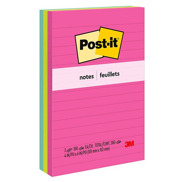Post-it® Notes – Poptimistic Collection 4 x 6 in., lined 100-sheet pad (pkg 3)