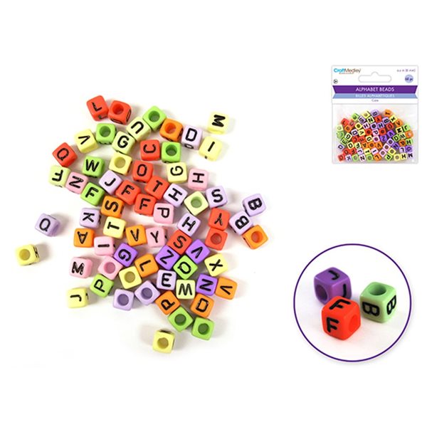 Cubic Alphabet Beads - Pack of 68 - Multi Mix Assorted Colors with Black Letters