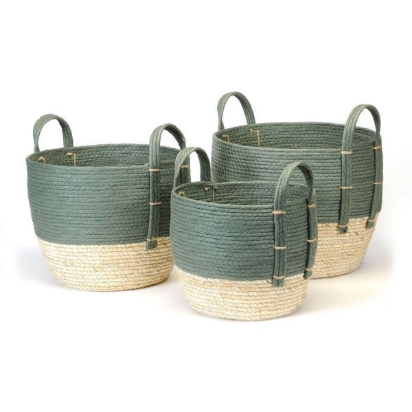 Round Maize Basket - Green and Natural - Large