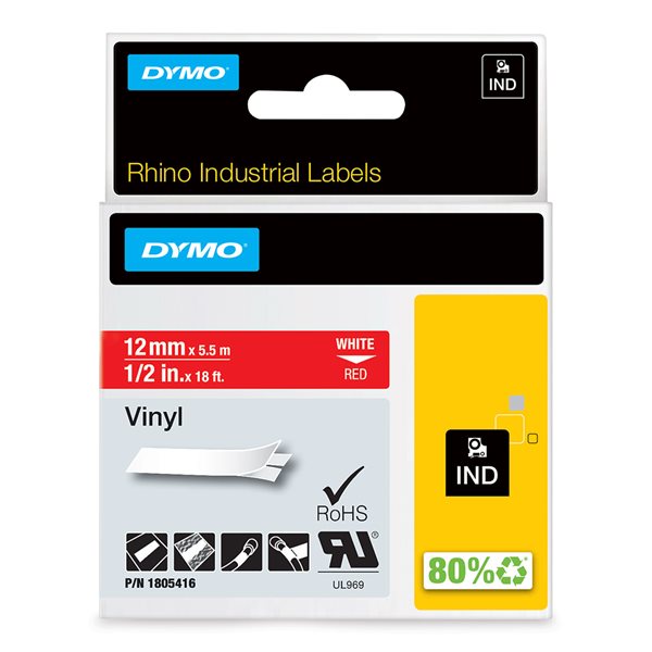 Rhino Industrial Printing Tape Cassette - Vinyl 1/2 in (white on red)