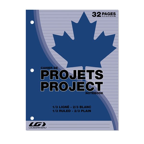 Cahier de projet à trois trous 1/3 ligné / 2/3 uni