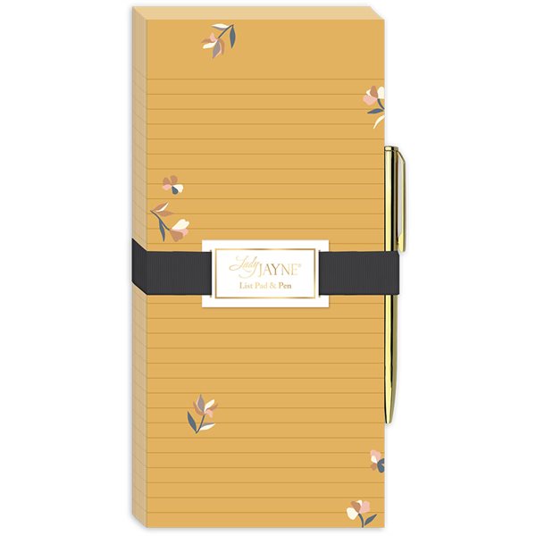 Bloc-notes magnétique Bloomscape avec stylo à bille - Petites fleurs sur fond moutarde