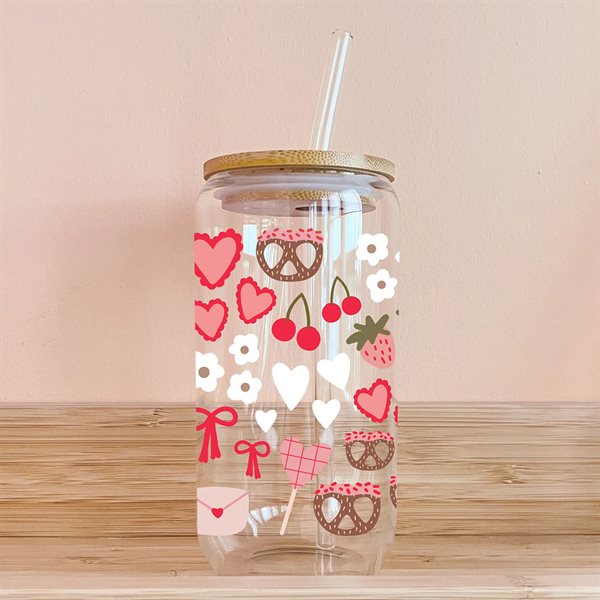 16 oz Cold Beverages Glass - Hearts & Pretzels