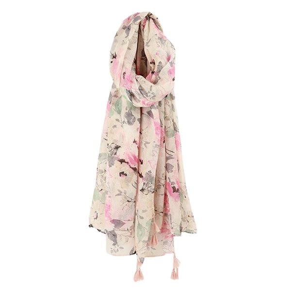 Lightweight Floral-Print Scarf with Tassels - Pastel