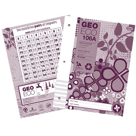 Cahier de projets, 1/3 interligné, 2/3 blanc Geo Eco 106A à trois trous