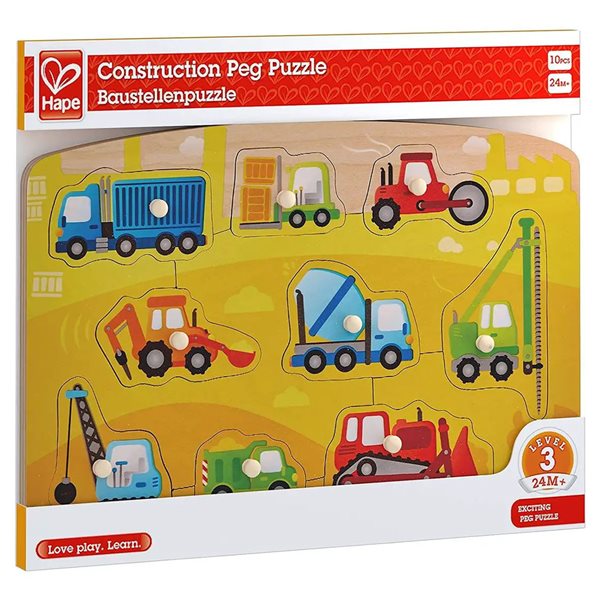 9 Pieces - Construction Vehicles Wooden Peg Puzzle 