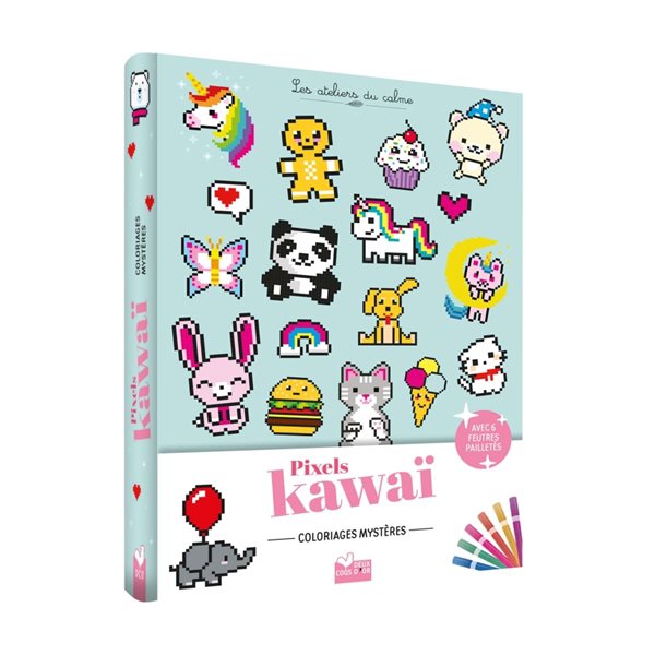 Coloriages Pixel kawaii : pochette 6 feutres pailletés
