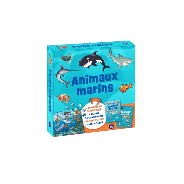 Animaux marins : 1 puzzle de 50 pièces, 1 livre documentaire, 1 livre de jeux, 1 joli poster