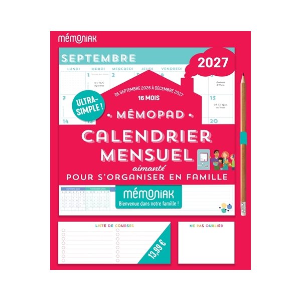 Mémopad, calendrier mensuel aimanté pour s'organiser en famille : Mémoniak 2027 : 16 mois, de septembre 2026 à décembre 2027